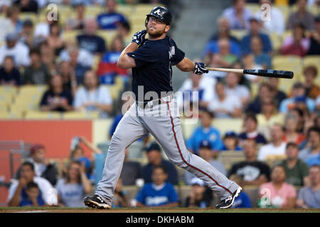 Game between the Atlanta Braves and the Los Angeles Dodgers, at Dodger Stadium.  Atlanta Catcher Brian McCann watches a fly ball to left field in the first inning. (Credit Image: © Steven Leija/Southcreek Global/ZUMApress.com) Stock Photo