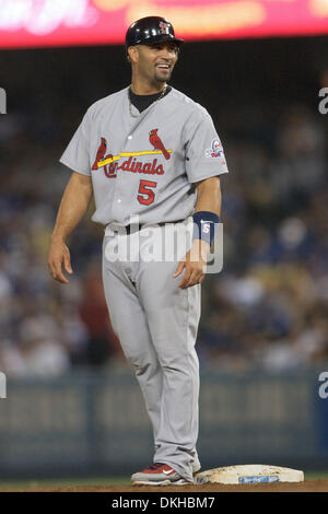 Game action between the St. Louis Cardinals and Los Angeles Dodgers at Dodger Stadium.  A battle between the Central Division leading Cardinals and the Western Division leading Dodgers.  Albert Pujols enjoys a light moment in the third inning after reaching second base on a walk. (Credit Image: © Tony Leon/Southcreek Global/ZUMApress.com) Stock Photo