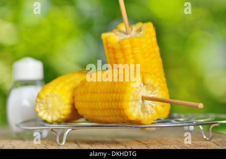 corn boiled on metal support Stock Photo
