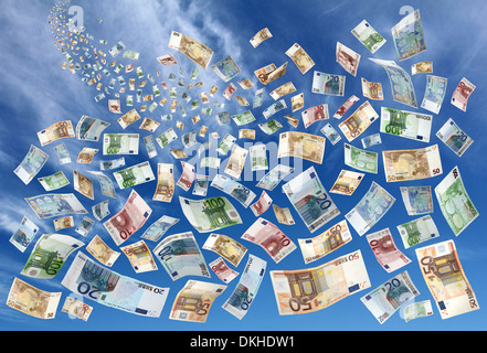 Many euro banknotes falling from the sky Stock Photo