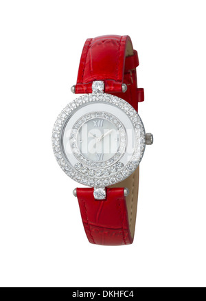 Beautiful red leather wrist watch isolated on white background Stock Photo