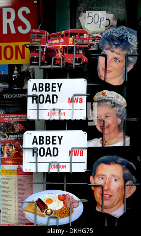 London, England, UK. Souvenirs - postcards of the Royal family and street signs Stock Photo