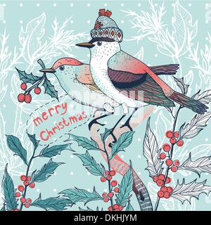 Christmas vector illustration of a couple of winter birds with holly berries Stock Vector