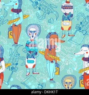 vector seamless pattern with funny animals and shopping bags Stock Vector