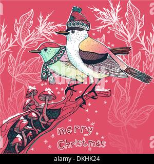 Christmas vector illustration of  colored  birds in a  winter forest Stock Vector