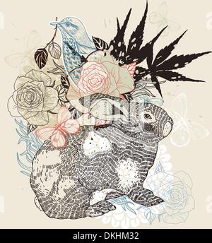 vector illustration of a rabbit, birds , butterflies and an abstract man Stock Vector