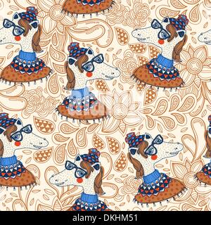 vector  seamless pattern with funny horses and vintage doodles Stock Vector