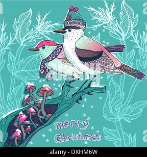 Christmas vector illustration of a two birds in a winter forest Stock Vector