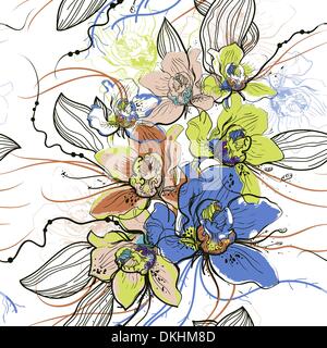 vector seamless floral  pattern with colored orchids Stock Vector