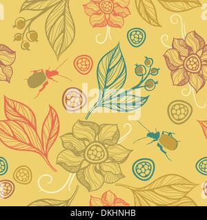 vector seamless pattern with leaves,flowers and bugs Stock Vector