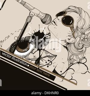 vector illustration of a singing girl and abstract lips and eye Stock Vector