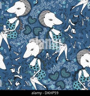 vector  seamless pattern  with fashion foxes and decorative hearts Stock Vector