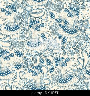 vector seamless pattern with funny horses and abstract doodles Stock Vector