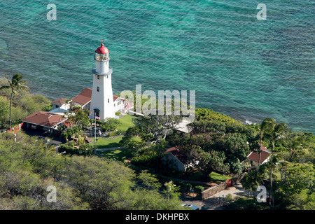 High angle view of a lighthouse viewed from Diamond Head, Kapahulu, Honolulu, Oahu, Hawaii, USA Stock Photo