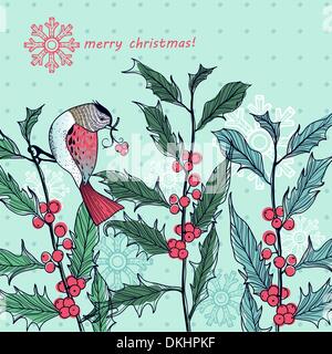Christmas vector illustration of a little winter bird sitting on holly sprigs Stock Vector