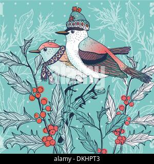 Christmas vector illustration of a couple of winter birds sitting on holly sprigs Stock Vector