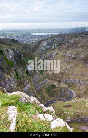 View from Cheddar Gorge, Somerset, to Cheddar Reservoir, Brent Knoll and the Bristol Channel Stock Photo