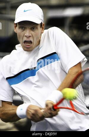 Feb. 19, 2010 - Memphis, Tn, USA - 19 Feb 10 (mwBerdych2) Photo by Mark Weber - Tomas Berdych returns a serve against Ernests Gulbis during quarterfinals action at the Regions Morgan Keegan Championships Friday afternoon. (Credit Image: © The Commercial Appeal/ZUMApress.com) Stock Photo