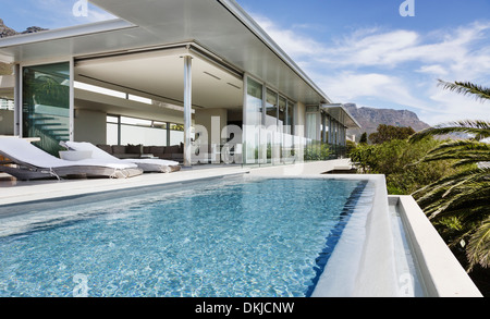 Swimming pool and patio of modern house Stock Photo