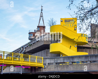 Bright yellow stairs leading to South Bank cafe, bar and garden - London Stock Photo