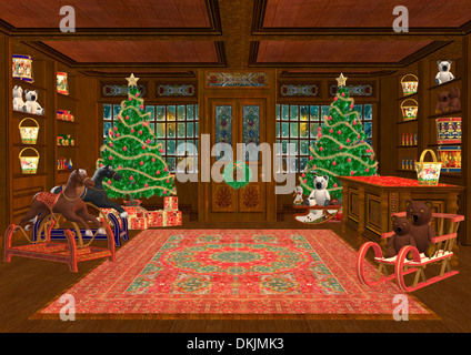 3D digital render of a beautiful Christmas trees and lots of children's toys in a cozy room Stock Photo