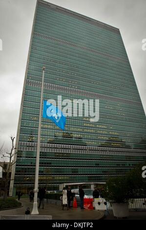 NY, NY,  USA. 06th Dec, 2013.  A United Nations flag flies at half mast in memory of Nelson Mandela, at the UN headquarters in New York, the United States, on Dec. 6, 2013. Credit:  Xinhua/Alamy Live News Stock Photo