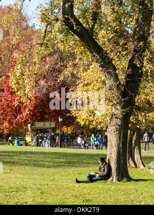Young Woman Relaxing with Book near Turtle Pond, Central Park in Autumn, NYC Stock Photo