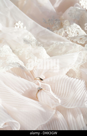 Vintage Wedding Dress and Rings Still Life, 1980s Stock Photo