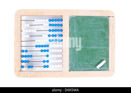 Wooden toy abacus with blank chalkboard on a white background Stock Photo