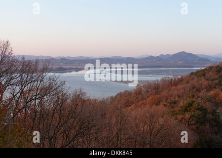 View of North Korea across the Imjin river neutral zone (DMZ) from Unification Observatory - Odusan, South Korea Stock Photo