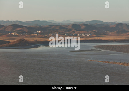 View of North Korea across the Imjin river neutral zone (DMZ) from Unification Observatory - Odusan, South Korea Stock Photo