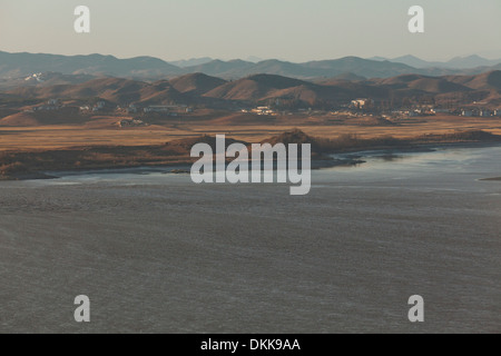 View of North Korea across the Imjin river neutral zone (DMZ) from Unification Observatory - Odusan, South Korea Stock Photo