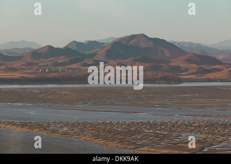 View of North Korea across the Imjin river neutral zone (DMZ) from Unification Observatory - Odusan, South Korea Stock Photo