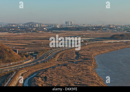 View of North Korea across the Imjin river neutral zone (DMZ) from Unification Observatory - Odusan, South Korea Stock Photo