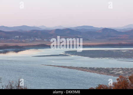 View of North Korea across the Imjin river neutral zone (DMZ) from Unification Observatory - Odusan, South Korea Stock Photo