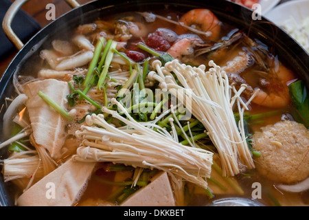 Spicy seafood soup dish (Haemultang) on table - South Korea Stock Photo