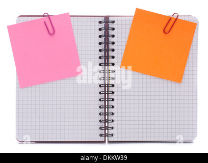 Blank checked notebook with notice papers isolated on white background cutout Stock Photo