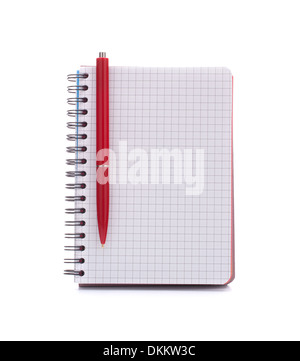 Open blank checked notebook with red pen isolated on white background cutout Stock Photo