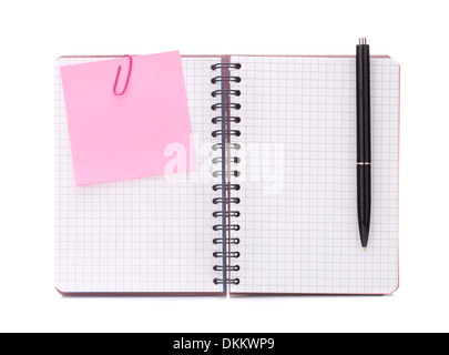 Blank checked notebook with notice paper isolated on white background cutout Stock Photo