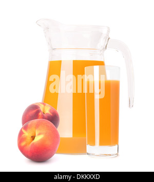 Peach fruit juice in glass jug isolated on white background cutout Stock Photo