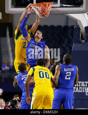 Dallas, Texas, USA. 7th Dec, 2013. Baylor Bears center Isaiah Austin (21) dunked on Kentucky Wildcats forward Willie Cauley-Stein (15) as Baylor defeated #3 Kentucky 67-62 on Friday December 6, 2013 in Dallas, TX. Photos by Mark Cornelison | Staff Credit:  Lexington Herald-Leader/ZUMAPRESS.com/Alamy Live News Stock Photo