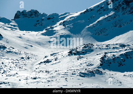 Two climbers (bottom centre) in Fionn Choire, on the route up to Bruach na Frith, Cuillin mountains, Isle of Skye, Scotland, UK Stock Photo