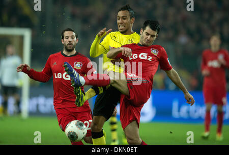 Dortmund, Germany. 07th Dec, 2013. Dortmund's Pierre-Emerick Aubameyang vies for the ball with Leverkusen's Gonzalo Castro (L) and Emir Spahic during the Bundesliga soccer match between Borussia Dortmund and Bayer 04 Leverkusen at Signal-Iduna-Park in Dortmund, Germany, 07 December 2013. Photo: BERND THISSEN/dpa (ATTENTION: Due to the accreditation guidelines, the DFL only permits the publication and utilisation of up to 15 pictures per match on the internet and in online media during the match.)/dpa/Alamy Live News