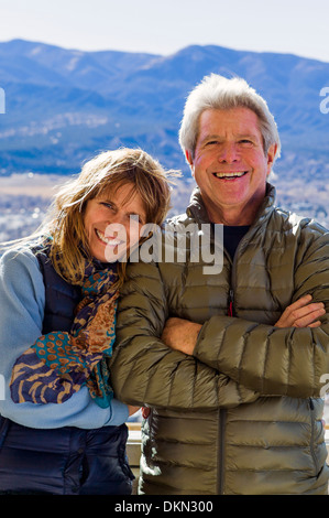 Couple pose for a photograph on Tenderfoot Mountain, above Salida, Colorado, USA Stock Photo