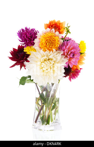 Bouquet Dahlias in glass vase isolated over white background Stock Photo