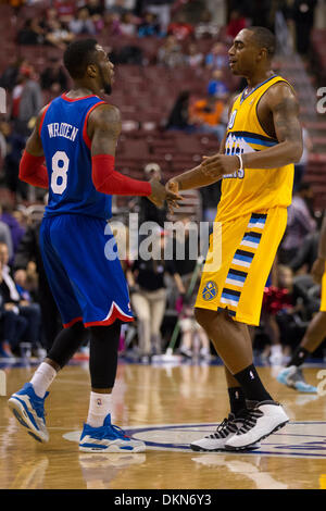 December 7, 2013: Denver Nuggets power forward Darrell Arthur (00) shakes hands with Philadelphia 76ers shooting guard Tony Wroten (8) following the NBA game between the Denver Nuggets and the Philadelphia 76ers at the Wells Fargo Center in Philadelphia, Pennsylvania. The Nuggets win 103-92. (Christopher Szagola/Cal Sport Media) Stock Photo