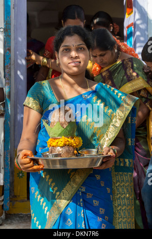 Indian woman carrying puja offerings at a rural hindu indian village wedding ceremony.  Andhra Pradesh, India Stock Photo