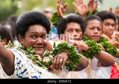 A meke, as dancers from all three villages on the tropical island of Fulaga farewell divers who have been diving for beche de mer (sea cucumber). Fiji Stock Photo