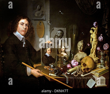 Vanitas still life with a self portrait of the young painter David Bailly  David Bailly (1584–1657) was a Dutch Golden Age painter. Stock Photo