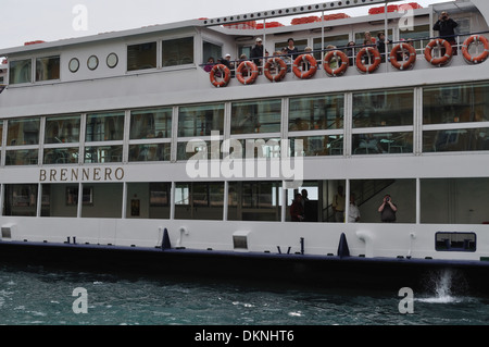 The car ferry Brennero, one of the largest ferries in the fleet, approaches Gardone Riviera on Lake Garda Stock Photo